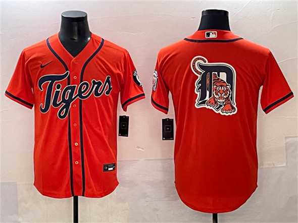 Men%27s Detroit Tigers Team Big Logo Orange With Patch Cool Base Stitched Jersey
